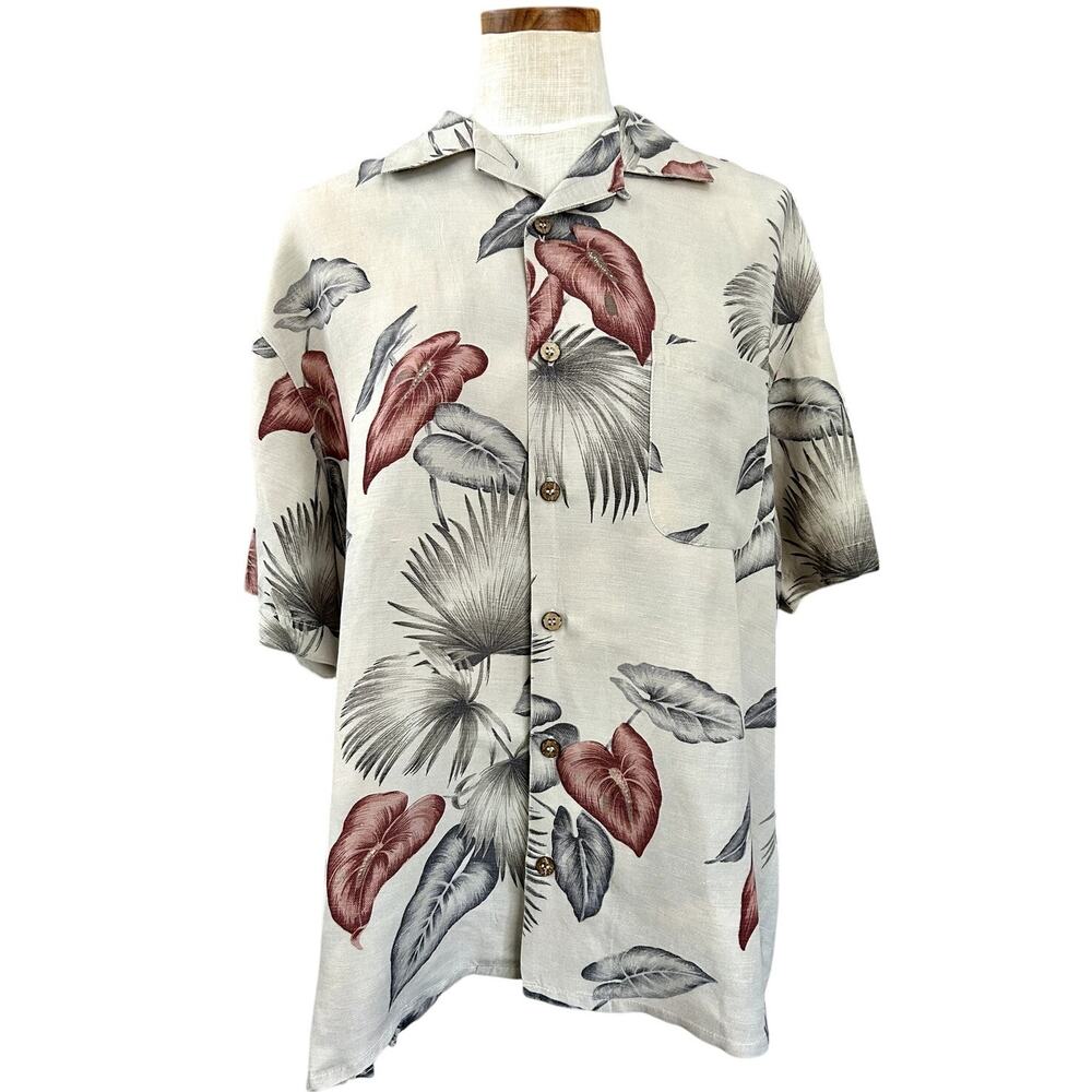 Tommy Bahama 100% Silk Hawaiian Shirt Mens L Tropical Leaf Aloha Camp Collar